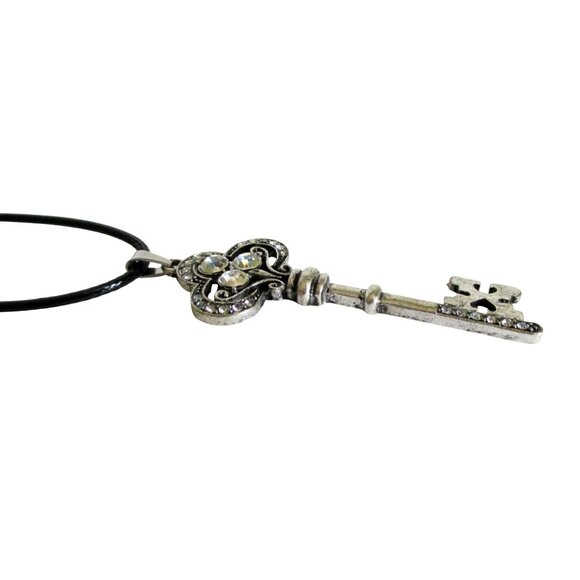 New Rhinestone Key Pendant Necklace on 20" to 22" Black Cord Vintage-Style Jewel - Picture 5 of 6